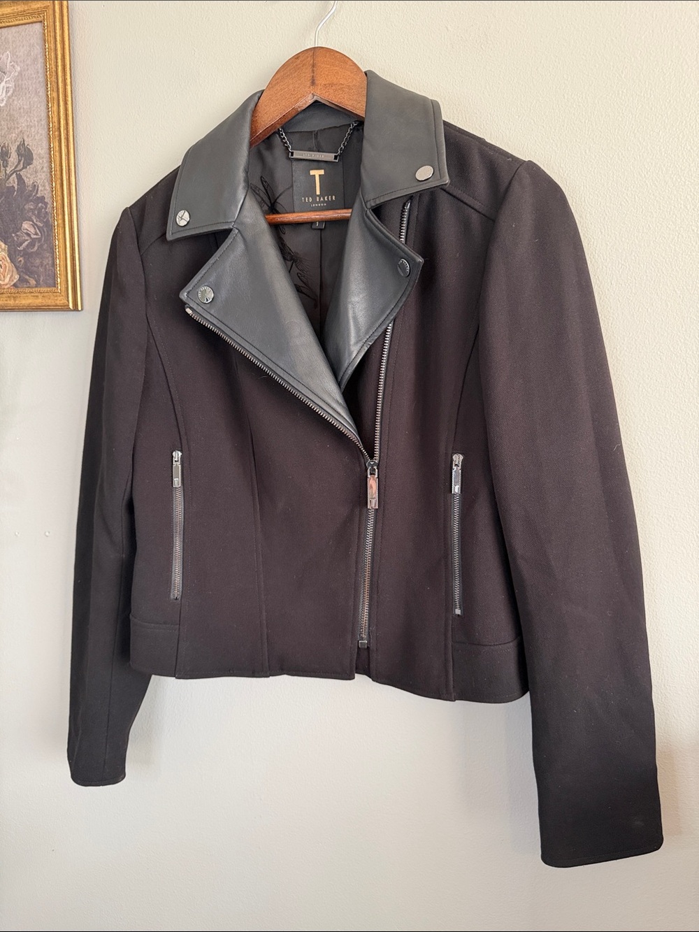 Ted Baker London Black Moto Jacket Faux Leather Trim Biker Size 1 Small - Picture 3 of 8